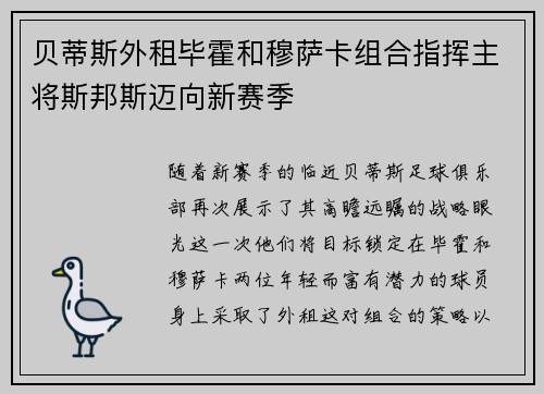 贝蒂斯外租毕霍和穆萨卡组合指挥主将斯邦斯迈向新赛季