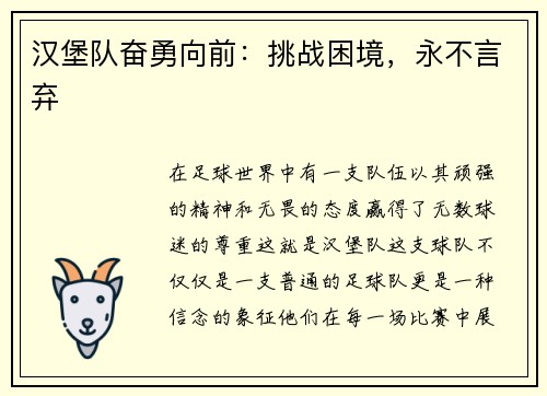 汉堡队奋勇向前：挑战困境，永不言弃